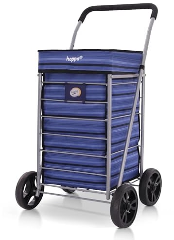 Hoppa Léger 4 Roues Premium 2023 Modèle Pliable Chariot Courses Extra Large Capacité 64l Sac Chariot Courses, 95cm, 4.8kg, Pousser/Tirer Escalier (Bleu)