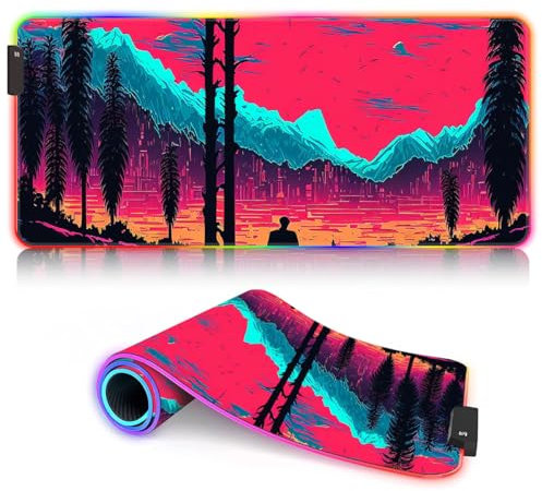 Tapis Bureau XXL avec scène rétro vibrante RGB Tapis Souris XXL (35,4 x 15,7 x 0,12 Pouces) Grand Tapis Souris Jeu étendu Tapis Souris Jeu Lavable à la Main