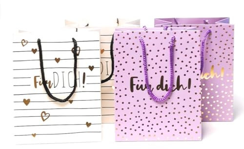 4 Stück Premium Geschenktaschen - Für Dich - á 23x18x10 cm Geschenktüte Papiertüte - 2 Motive
