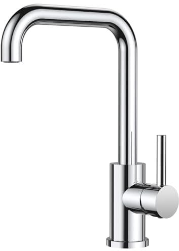 FORIOUS Kitchen Tap, Kitchen Sink Taps Mixer, 360 Swive Stainless Steel L Shaped Monobloc 1 Hole with Single Lever, Ploished Chrome