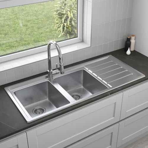 Lussena® 1160 x 500mm Stainless Steel Kitchen Sink 2.0 Double Bowl Sinks, Right Hand Drainer, Inset Drop in Installation, Free Basket Strainer Waste