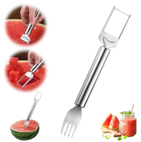 2-in-1-Obstschneider aus Edelstahl, 2024 Neues Wassermelonen Schneider, Wassermelonengabel-Schneidewerkzeug Doppelkopf-Obstgabeln-Schneidemesser mit Rundem Griff, Obstschneider Melone (1)
