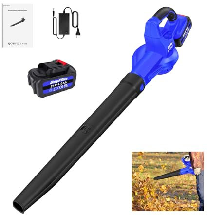 Akku-Laubbläser 21V, Turbinen-Technik, Stufenlosgetriebe, 300W, 177 km/h mit 2 Blasrohr, 4Ah Akku und Ladegerät, für Massenlaub und hartnäckige Abfälle in Gärten, auf Straßen und Baustellen