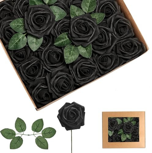 25 rose artificiali nere per decorazione, rose finte realistiche al tatto, con steli, per sposa/baby shower, tombe, San Valentino, Natale, decorazioni per matrimoni