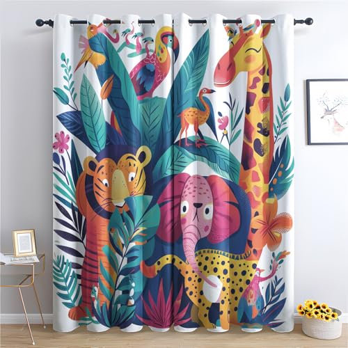 Elefant Giraffe Vorhang, Wohnzimmer Schlafzimmer Blickdichte vorhänge, Cartoon Tier Gardinen, mit Ösen Verdunkelungsvorhang, Vorhänge 2er Set, 300x280 cm 7YsU-106