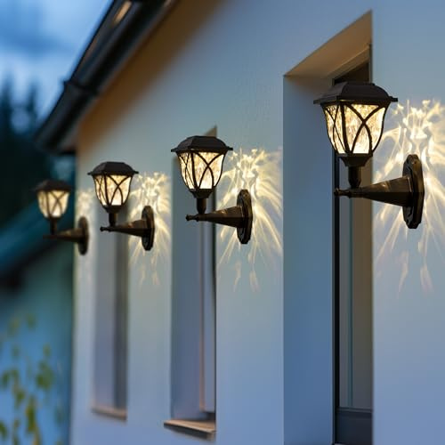 Solpex Solar Lights Outdoor Garden,4 Pack Solar Powered Outdoor Wall Lights, Waterproof Solar Fence Lights Decoration for Patio, Garage, Shed,Yard,Deck,Warm White
