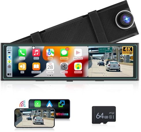 4K Retrovisor Coche Dash CAM Carplay Android Auto,Hodozzy 10,99 Pulgadas Pantalla Táctil Dashcam Avec Cámaras Visión Frontal Soporte Bluetooth,WiFi de Vídeo,Visión Nocturna,DVR,FM,GPS + 64G Tarjeta