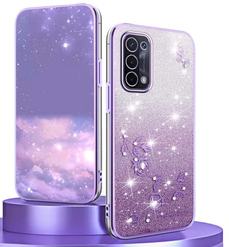 BORYA Silikon Hülle für Oppo A74 5G / Oppo A54 5G, Stoßfest Ultra Dünn Weiches TPU Handyhülle, Elegant Galvanisierter Glitzer Diamant Blumen Schutzhülle mit Gradient Karte, Lila