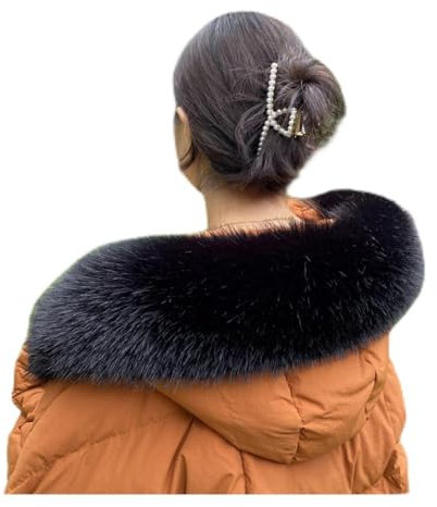 GreatRise 60-80cm Faux Fuchsfell Pelzkragen Abnehmbar Fellkragen Kunstfell Pelzschal Flauschig Fellimitat Schal Kunstpelz mit Knöpfe für Wintermantel Daunen Jacke Kapuze Männer Damen Schwarz 60-80cm