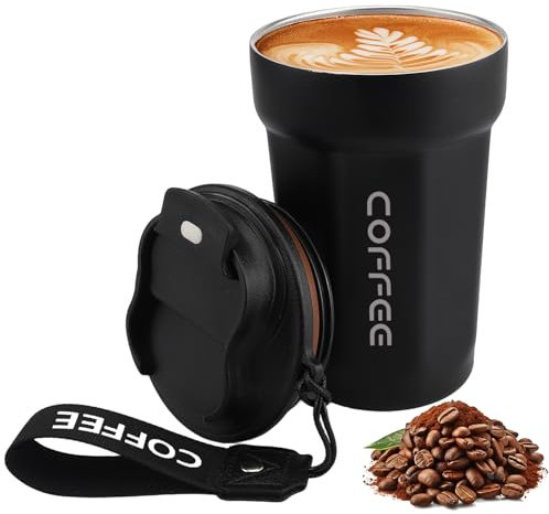Mug Isotherme Cafe - Tasse À Café en Acier Inoxydable 450ml - Mug Thermos de Voyage - Gobelet Isolant Sous Vide Antifuite avec Couvercle - Coffee Cup (Noir)