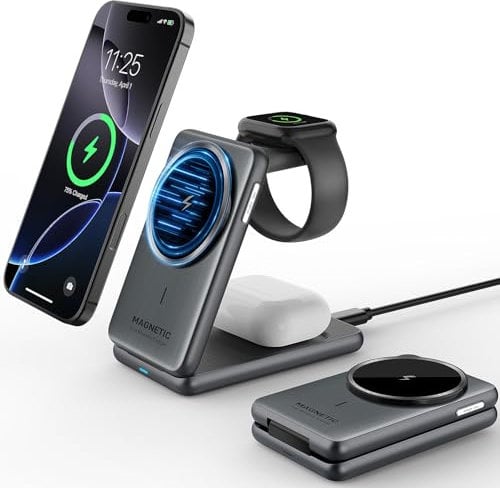 Wireless Charging Station for Mag-Safe Charger 3 in 1 Foldable for iPhone 17/16/15/14/13 Series, Travel Charger for Airpods Pro 2, iWatch Series 10/9/8/7, Charging Station for Apple Multiple Devices