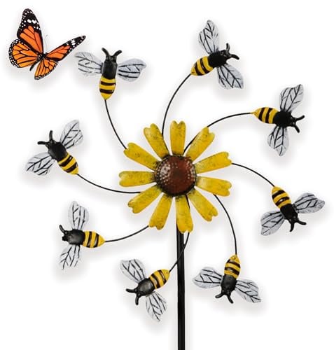 matches21 HOME & HOBBY Großes Windrad Metall 150 cm, wetterfeste Frühlings Garten-deko Bienen - Bunte Windmühle