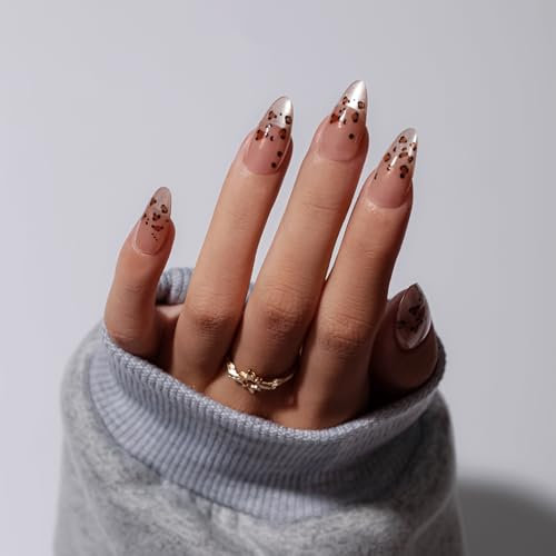 KQueenest Cat Eye Press On Nails mit Kleber French Tip - Glitzer Leopard Nägel zum Aufkleben Mandel, Sparkle Bling Fake Nails Set, Künstliche Fingernägel Mittel, Luxus Acryl Nägel für Frauen, 30 Stück