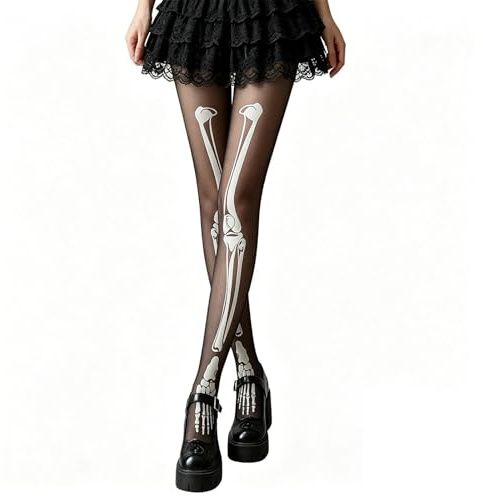 JOZMMZEOOA Strumpfhose Skelett Damen, Totenkopf Strümpfe in Schwarz, Elastisch & Passend für verschiedene Körpergrößen, Polyester, für Halloween, Karneval & Mottopartys, Kostüm Accessoire (Schwarz)