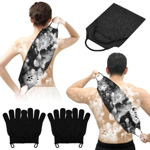 Vicloon Peeling-Rückenschrubber Badehandschuhe-Set, 2 Paar Peeling-Handschuhe, 1 Doppelseitiger Rückenpeeling Waschlappen mit Griffen, Waschhilfe Entfernen Abgestorbener Doppelseitiger(Schwarz)