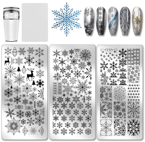 PH PandaHall 3pcs Snowflakes Nail Stamp Plate Christmas Nails Art Template Winter Snowflake Nail Image Plate Nail Art Stencils for Xmas Women Manicure Salon Decoration 12x6cm