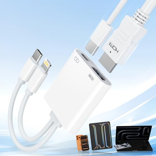 USB-C and Lightning to HDMI Adapter for iPhone ipad to TV 4K@60Hz Apple MFi Certified Lightning/Type-C Digital AV HDMI Adapter 2.0 Cord Compatible with iPhone 17 16 15 14 ipad Samsung, Switch 60W PD