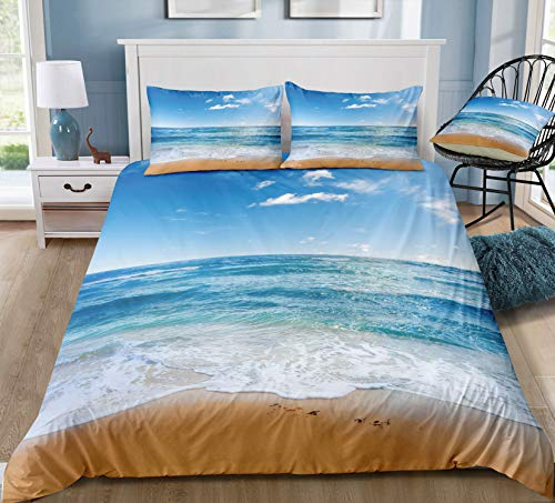 FANSU Bettbezug Bettwäsche Set 3 teilig, Mikrofaser 3D Meer Ozean Bedrucktes Bettwäsche-Set Kopfkissenbezug Bettbezug mit Reißverschluss Schließung (200x200cm,Strand)