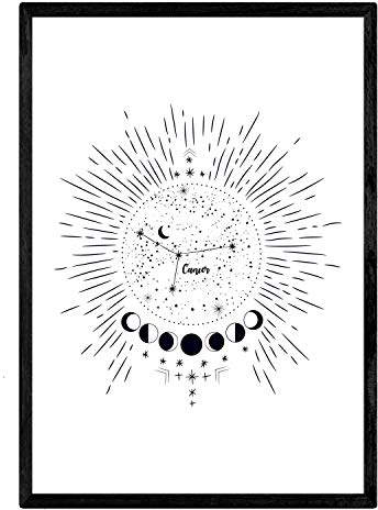 Nacnic Poster der Tierkreiszeichen in schwarz-weiß. Illustrationen mit den Horoskop Konstellationen. Krebs. A4 ohne Rahmen.
