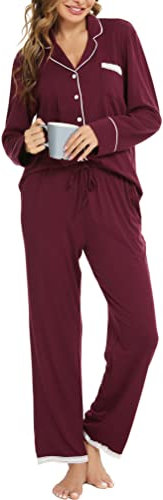 Vlazom Pyjamas Set for Women, Soft Two Pieces Pjs Sets Long Sleeve Button Down Tops and Pants Sleepwear Loungewear with Pockets,Wine Red,M