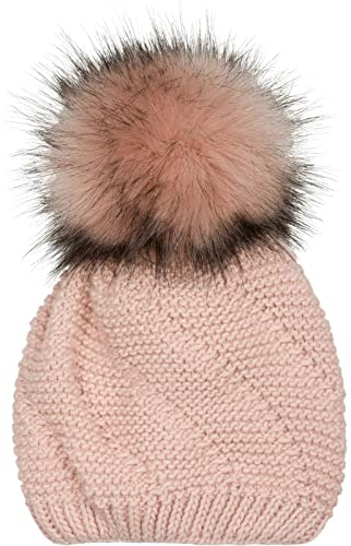 styleBREAKER Unisex Einfarbige Strick Bommelmütze fein gestrickt mit Fleece Futter, Winter Fellbommel Mütze 04024175, Farbe:Rose