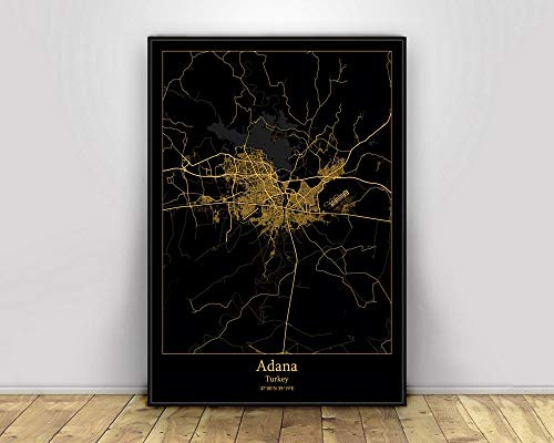 SONG Leinwand Bild, Adana Türkei Schwarz & Gold Stadtlicht Karten Benutzerdefinierte Weltstadtplakate Poster Leinwanddrucke Wandkunst im nordischen Stil Wohnkultur,60X90CM
