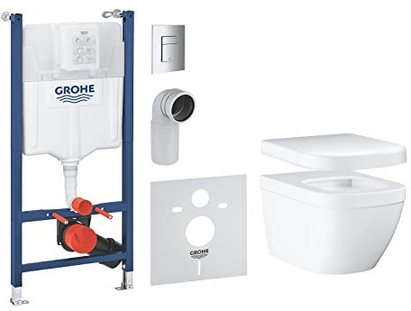 GROHE pack complet WC suspendu Solido Compact, bâti support universel, toilette et fixations invisibles, cuvette Euro Ceramic, plaque de commande, 39891000 (Import Allemagne) Blanc