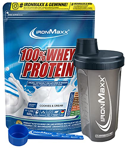 IronMaxx Starter Pack, 1x 500g 100% Whey Protein Pulver Cookies und Cream, inklusiv Dosierlöffel Blau und Shaker Anthrazit