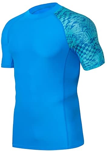 HUGE SPORTS Rashguard Homme Manches Courtes Maillot de Bain T-Shirt Surf Natation Plongée Plage (Blue Digital,3XL)
