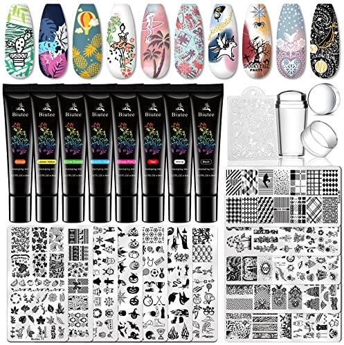 Biutee Nagelstempel Set Nail für Halloween Weihnachten, French Nails Stempel mit 8 Farben Stamping Gel und 12 Nagel Schablone +1 pcs Silikon Nagel Stempel UV Stamping Gel Plate Set Nageldesign Zubehör