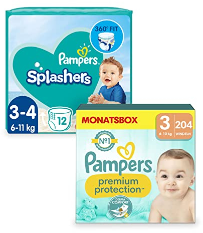 Pampers Schwimmwindel Set mit Splashers (Größe 3-4, 96 Schwimmwindeln) und Windeln Größe 3 (6-10kg, 204 Stück) Premium Protection, Midi, MONATSBOX, Baby Erstausstattung Für Neugeborene