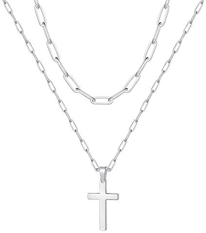 TINGN Collier Croisé Stratifié pour Femme, Collier de Trombone Stratifié en Acier Inoxydable Argenté, Pendentif Croisé Simple Collier Croisé pour Femmes