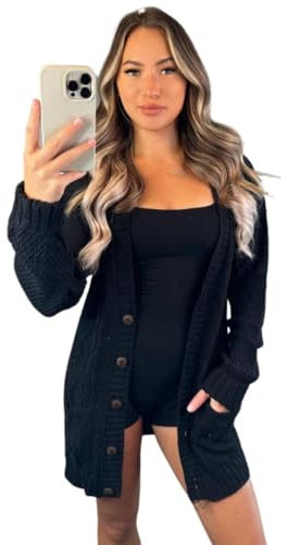 Crazy Fashion Women’s Long Sleeve Grandad Open Front Button Top Chunky Aran Cable Knitted Cardigan Ladies Sweater Winter Jumper Black 16-18