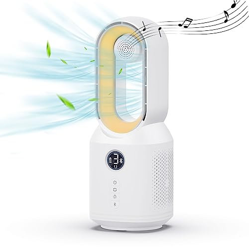 Bladeless Desk Fan with Bluetooth Speaker and LED Light, 4000mAh Portable Electric Cooling Fan, 3 Cooling Speeds, 53° Oscillating, 9H Timer, Small Portable Table Fan for Bedroom, Office, Home, Outdoor