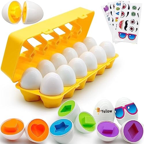 MOONTOY Montessori Spielzeug Passende Eier für 1 2 3 Jahre Jungen Mädchen, 12 Pcs Farbe & Form Erkennung Sorter Skills Spielzeug für ab 1 Jahr Kleinkinder, Feinmotorik Montessori Puzzle Geschenk