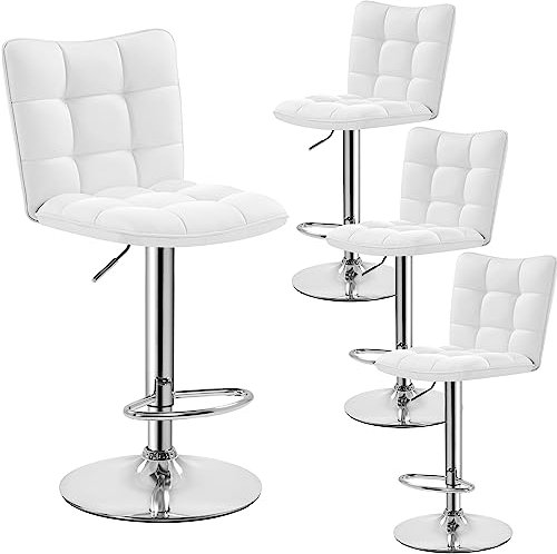 Yaheetech Lot de 4 Tabourets de Bar en Similicuir Réglables en Hauteur Chaises de Bar Assise Pivotante à 360° Tabourets de Cuisine pour Bar Salle à Manger Comptoir 50 × 43,5 × 92,5 cm Blanc