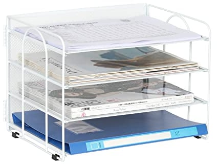 EasyPAG 4 Niveles Metal Malla A4 Bandeja Oficina Organizador Documentos Almacenamiento Papeles Soporte Archivador Clasificador Escritorio Estante Carta,Blanco