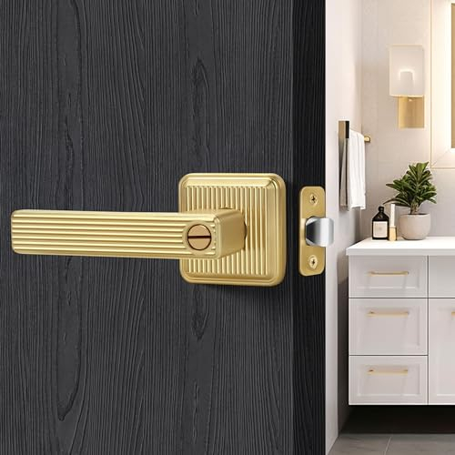 LOQRON Brushed Gold Keyless Door Handle with Privacy Lock, Square Stripes Style Door Handle, Heavy Duty Without Keys Door Lever in Satin Brass Reversible for Right & Left Sided Bedroom/Bathroom Door