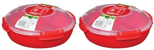 Sistema Microwave Round Food Container/Cookware Bowl | 1.3 L Food Steamer | Red/Clear (Pack of 2)