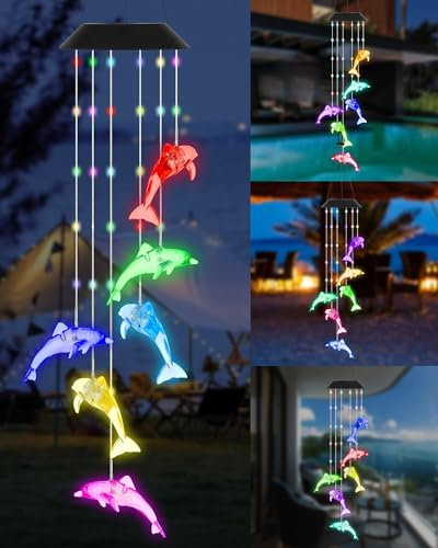 DOUBLEZHE Solar-Windspiel für draußen, farbwechselndes Delfin-Windspiel, für den Außenbereich, Muttertagsgeschenk für Oma, einzigartige Gartendekoration, bunte Terrasse, Hof, Party-Dekoration
