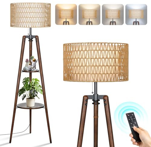 OUTON Tripod Floor Lamp Rattan & Linen Double Shades, Dimmable & 3000K-6000K Adjustable Color Temperature, Farmhouse Standing Lamp with Remote, Boho Floor Lamp with Shelves for Living Room, Bedroom