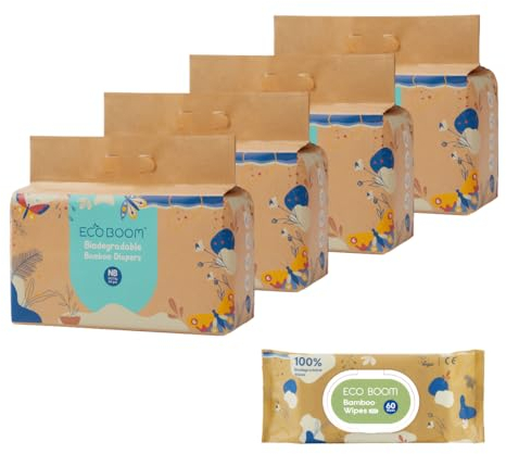 ECOBOOM JOY Biowindel aus Bambus, 70 % biologisch abbaubar, hypoallergen (Größe 1/XS, < 4,5 kg, 4 Beutel, 136 Windeln)