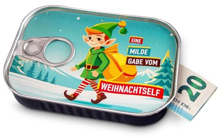 Schöne Güter Geldgeschenk Verpackung Weihnachten WEIHNACHTSELF Sardinendose Geld Geschenkverpackung oder Geldgutschein Nikolaus, X-Mas, Wichteln | inkl Aufkleber für individuelle Botschaft | made by