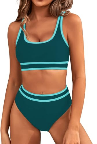 Genfien Women's Bikini Sets Bikini Tops High Waisted Bottom Tummy Control Bathing Suits Cut Out Ladies Swimsuit Suits Padded Beachwear Navy Blue