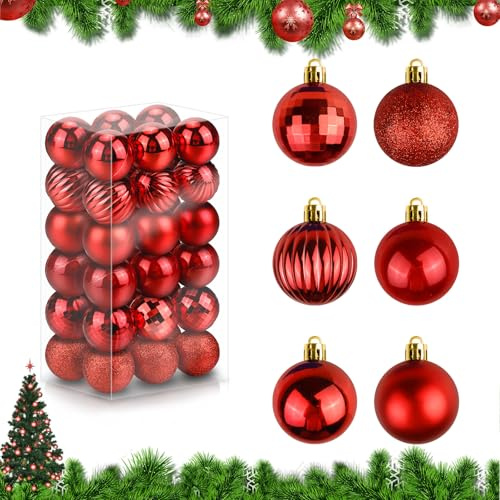 Mulaibdin 36 Stück Weihnachtskugeln Rot, Christbaumkugeln Kunststoff Glitzer & Matt, Klein Wetterfeste Weihnachtskugeln 4cm, Weihnachtsbaumschmuck Kugeln, Tannenbaum Kugeln Plastik für Weihnachtsdeko