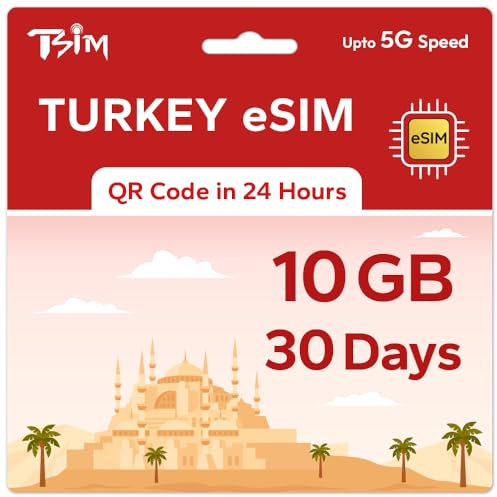 TSIM Prepaid Türkei eSIM für Reisen | 30 Tage 10 GB 5G Geschwindigkeit | Hotspot erlaubt | eSIM QR-Code per E-Mail innerhalb von 24 Stunden nach Versand gesendet | QR-Code scannen und sofort verwenden