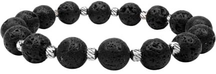 Power Ionics Schwarzer Lavastein-Armband mit 10mm Perlen & Edelstahl – Chakra-Armband für Damen und Herren, Elastisch 17,5-21 cm – Echte Steine Geschenkarmband