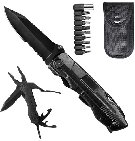 Multitool Werkzeug, 18 IN 1 Faltbares Edelstahl Multifunktionale Zange, Multitools als Schneider, Flaschenöffner und Dosenöffner, mit 9 Schraubendreher Bits und Gurtcliptasche für Väter Papa Geschenk