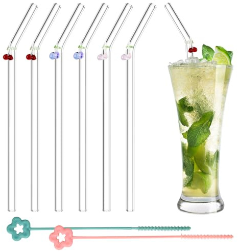 Glass Straw Set, 6 Pieces with 2 Cleaning Brushes, 20 cm Long, Glass Straws with Charms, Pink, Red, and Purple, Suitable for All Kinds of Juice, Milk Tea, Coffee, etc