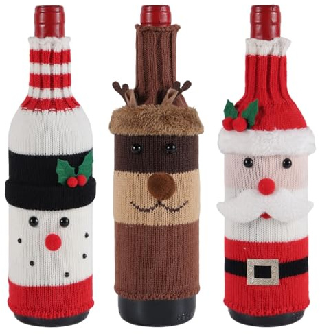 3pcs Christmas Wine Bottle Bags, Creative Knitted Holiday Wine Bottle Covers Santa Snowman Gift Bags for Xmas Table Party Decorations